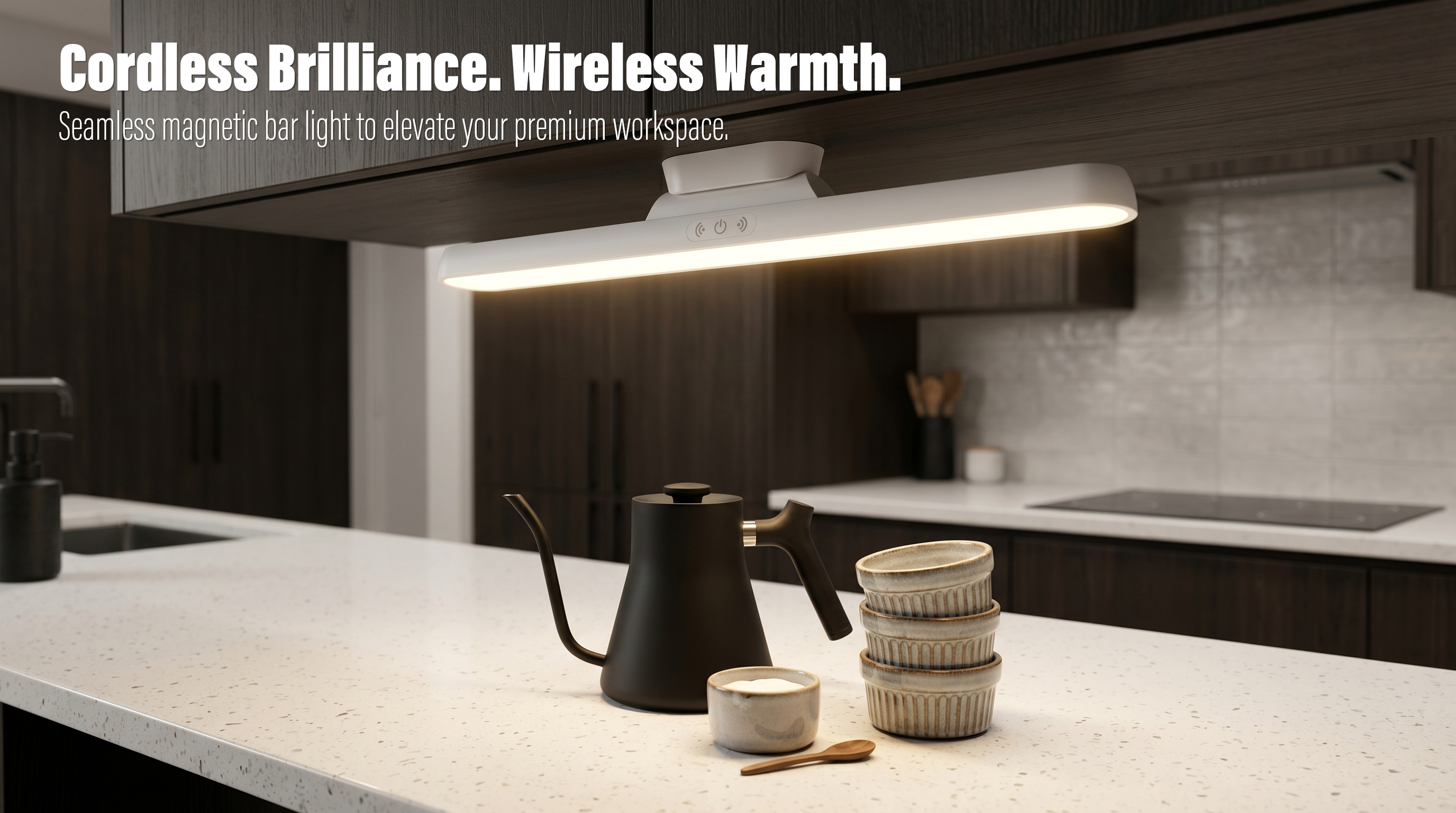 A white rechargeable LED under-cabinet bar light illuminating a modern kitchen countertop with a black ceramic kettle and bowls