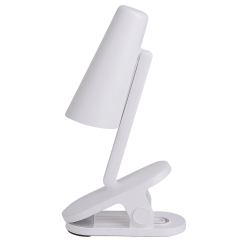 Side profile view of a minimalist flexible touch clip-on desk lamp standing upright to show its slim folding arm structure