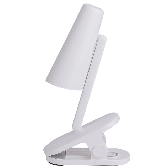 Side profile view of a minimalist flexible touch clip-on desk lamp standing upright to show its slim folding arm structure