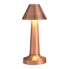 Front studio view of a sleek copper metal conical-shade rechargeable desk lamp on a white background