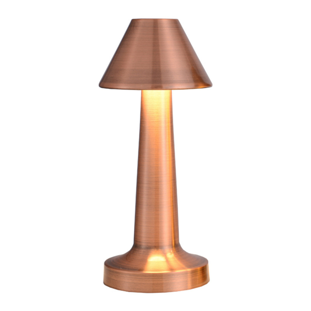 Front studio view of a sleek copper metal conical-shade rechargeable desk lamp on a white background