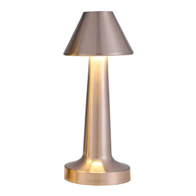 Front studio view of a sleek silver metal conical-shade rechargeable desk lamp on a white background