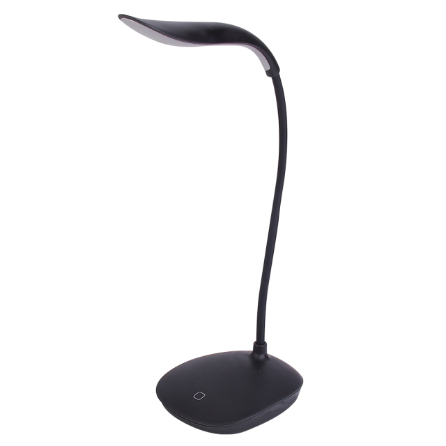 Front three-quarter studio view of a black cordless LED desk lamp with an illuminated flexible gooseneck on a white background