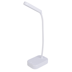Front three-quarter studio view of a modern white cordless LED desk lamp with a flexible gooseneck on a white background