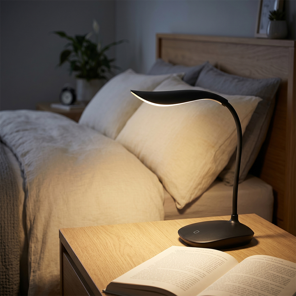 An illuminated black cordless desk lamp casting warm white light on an open book on a wooden nightstand in a cozy bedroom