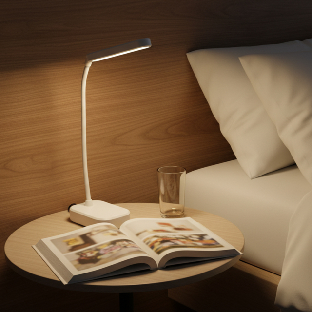An illuminated white cordless bedside lamp casting a warm soft glow next to a glass of water on a wooden nightstand