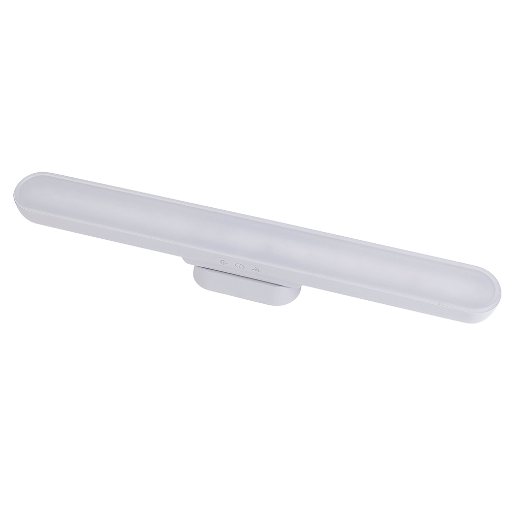 Three-quarter studio view of a slim cordless rechargeable closet light bar with a frosted diffuser lens