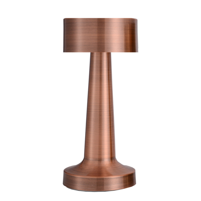 Front studio view of a geometric copper metal cylindrical-shade wireless restaurant lamp on a white background