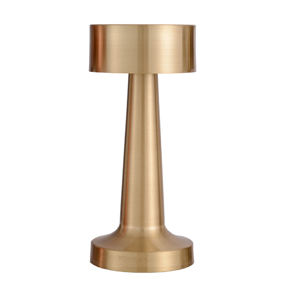 Front studio view of a geometric gold metal cylindrical-shade wireless restaurant lamp on a white background