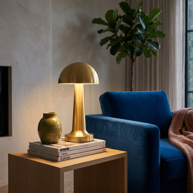 An illuminated gold mushroom table lamp sitting on a wooden side table next to a blue armchair in a modern living room