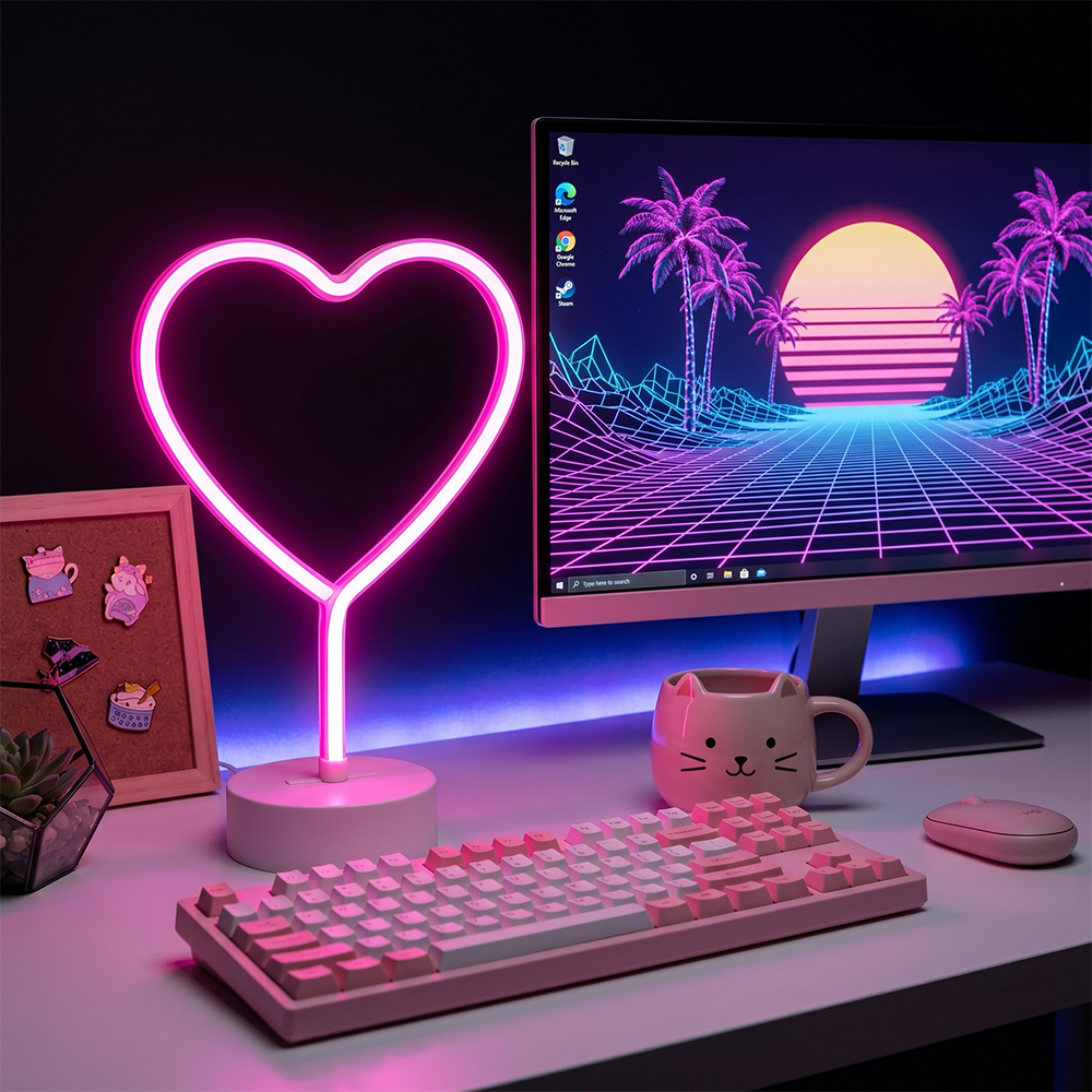 An illuminated pink neon heart table lamp placed on a white gaming desk next to a mechanical keyboard and a computer monitor