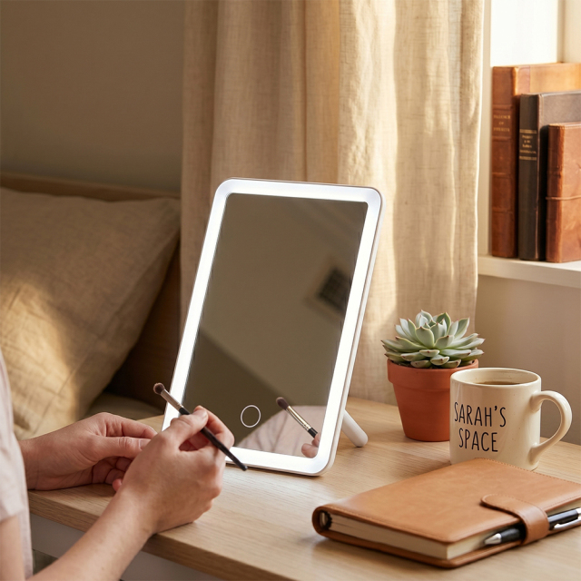 A person using an LED beauty light mirror on a wooden desk with a notebook, pen, and a coffee mug under warm sunlight