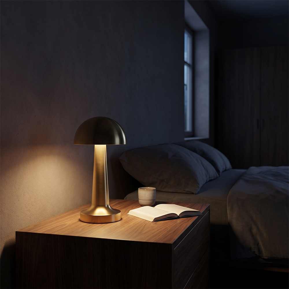 A warm dimmable gold bedside night light glowing on a dark wooden nightstand in a cozy bedroom setup