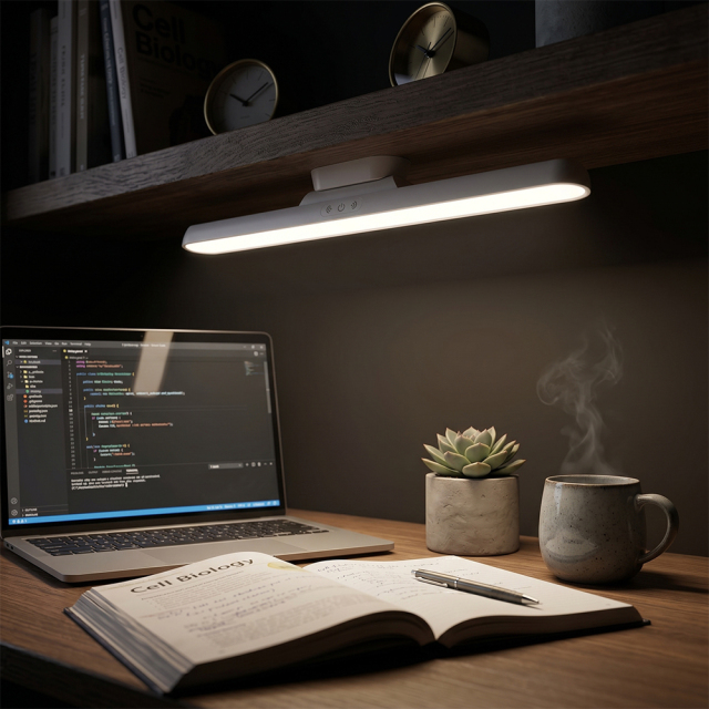 An illuminated dimmable reading light bar mounted under a shelf, lighting up an open book and a laptop screen on a cozy dark wooden desk