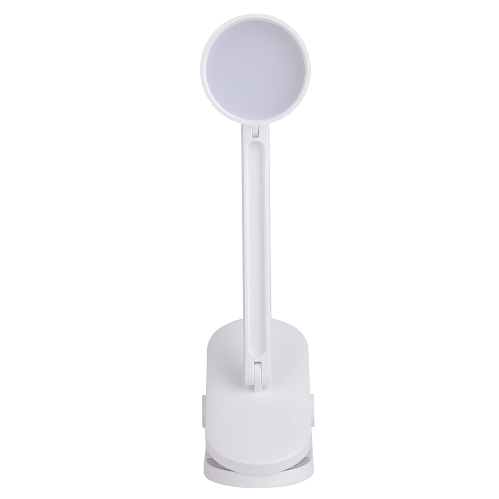 Direct front view of the eye-caring white study lamp highlighting its broad circular base with a heavy-duty integrated clamp