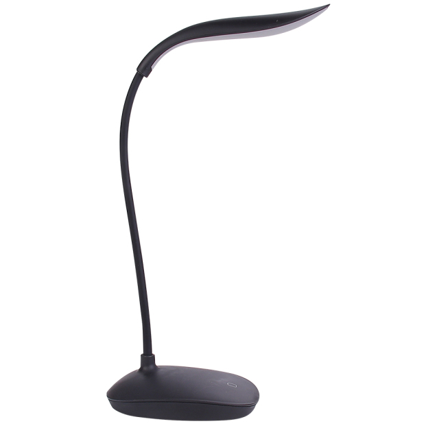Profile studio view of a black rechargeable reading light showing the sleek curved gooseneck structure on a white background