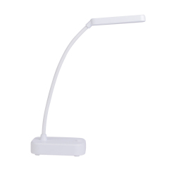 Profile studio view of a white rechargeable study lamp highlighting the flexible curved neck structure on a white background