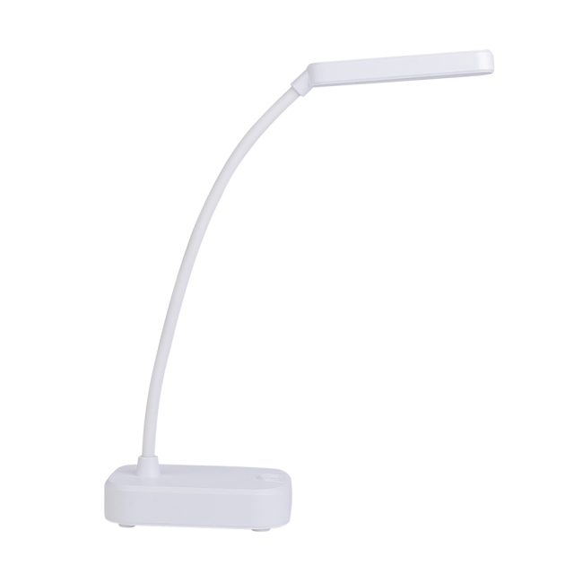 Profile studio view of a white rechargeable study lamp highlighting the flexible curved neck structure on a white background