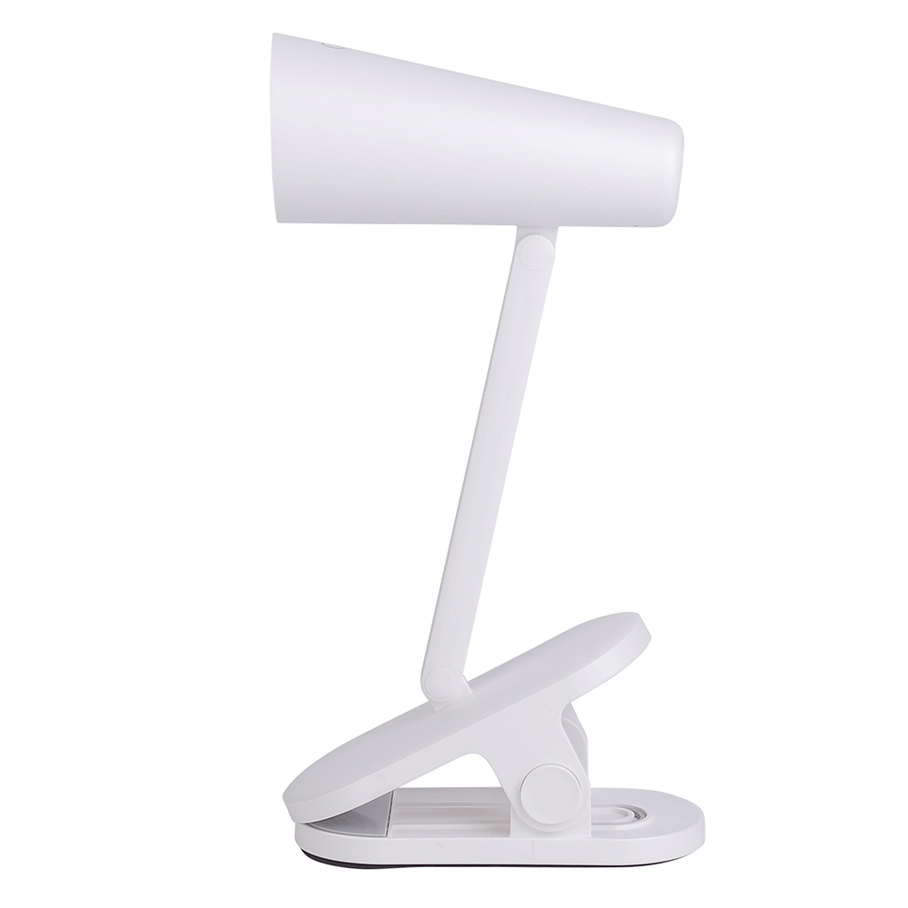 Side profile view of a minimalist flexible touch clip-on desk lamp standing upright to show its slim folding arm structure