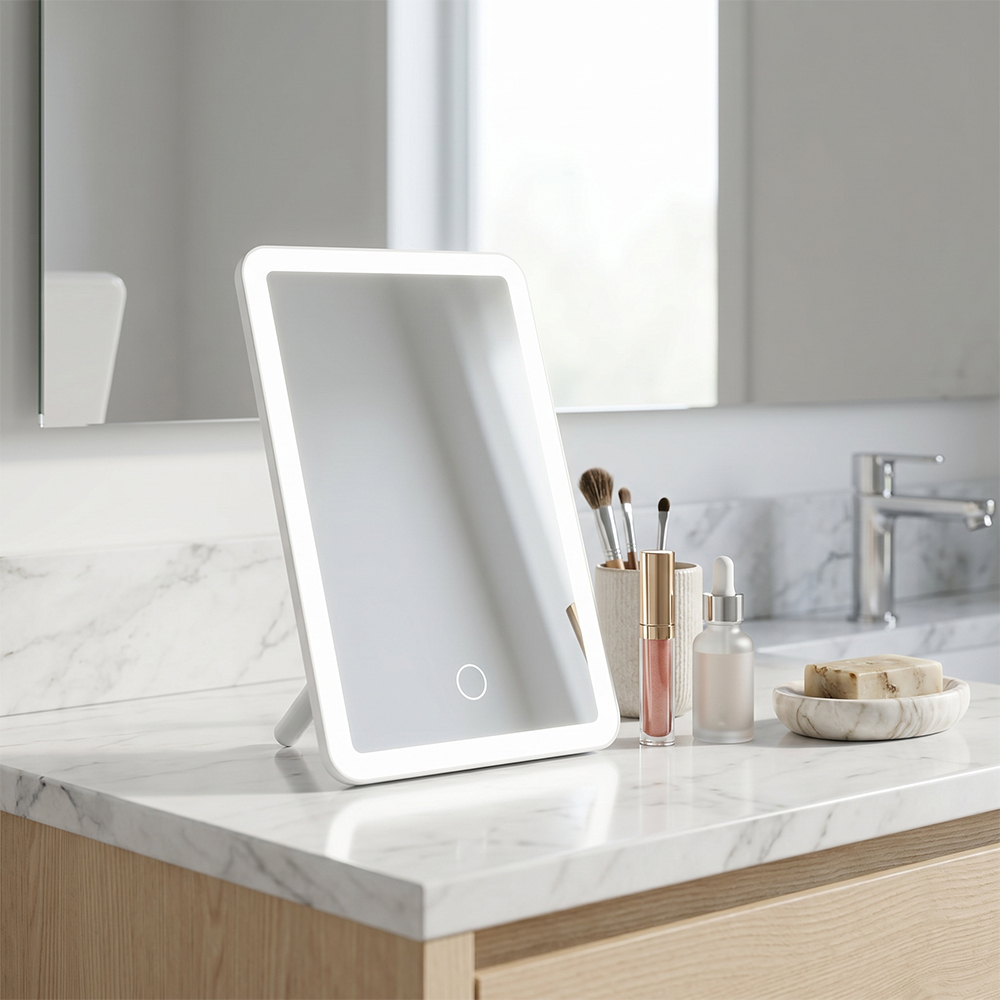 A square white LED makeup vanity mirror standing on a marble bathroom countertop next to cosmetics and a faucet