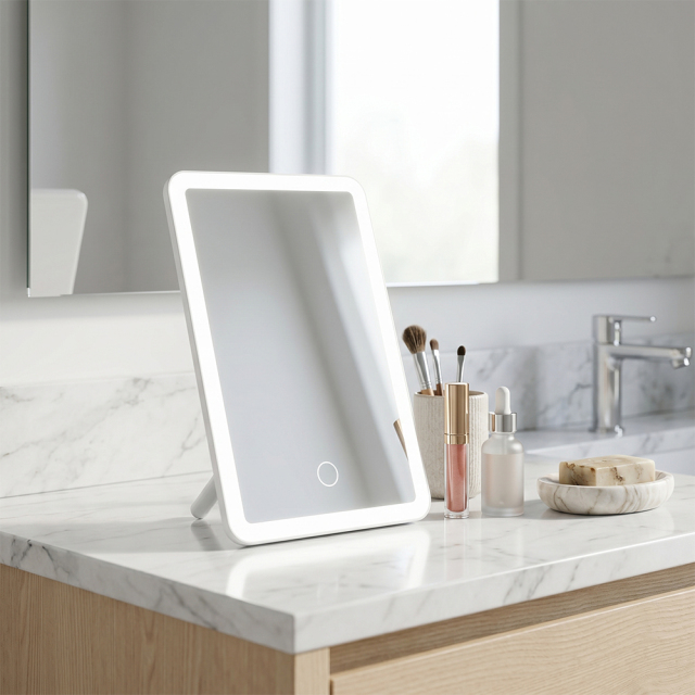 A square white LED makeup vanity mirror standing on a marble bathroom countertop next to cosmetics and a faucet