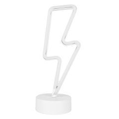 Front studio view of a white lightning bolt shaped neon light tube mounted on a small circular plastic desktop base
