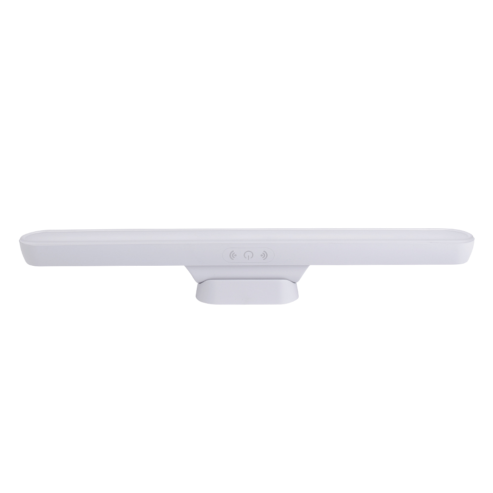 Front view of a white magnetic LED under-cabinet bar light showcasing its sleek touch switch panel, isolated on a white background