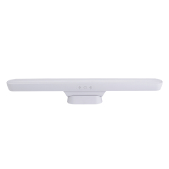 Front view of a white magnetic LED under-cabinet bar light showcasing its sleek touch switch panel, isolated on a white background