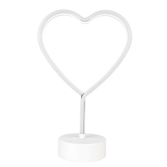 Front studio view of a white heart-shaped neon light tube mounted on a small circular plastic desktop base