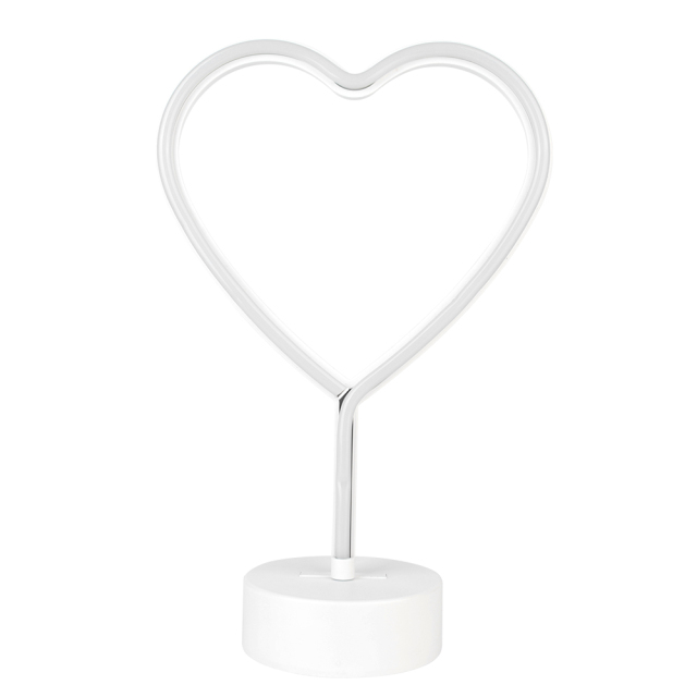 Front studio view of a white heart-shaped neon light tube mounted on a small circular plastic desktop base