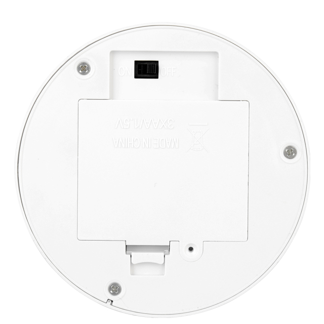 Bottom view of the circular neon night light base showing the smooth closed plastic compartment cover and power switch