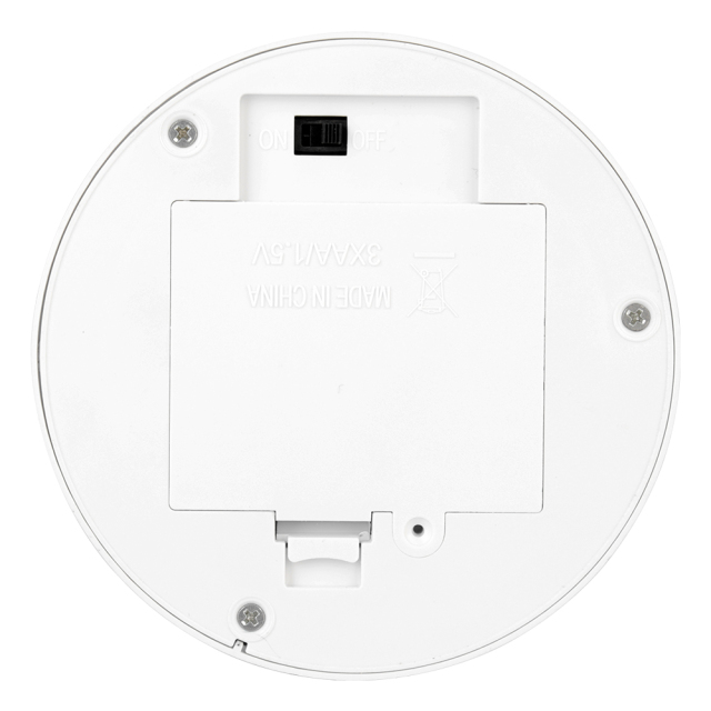 Bottom view of the circular neon table lamp base showing the smooth closed plastic compartment cover and power switch