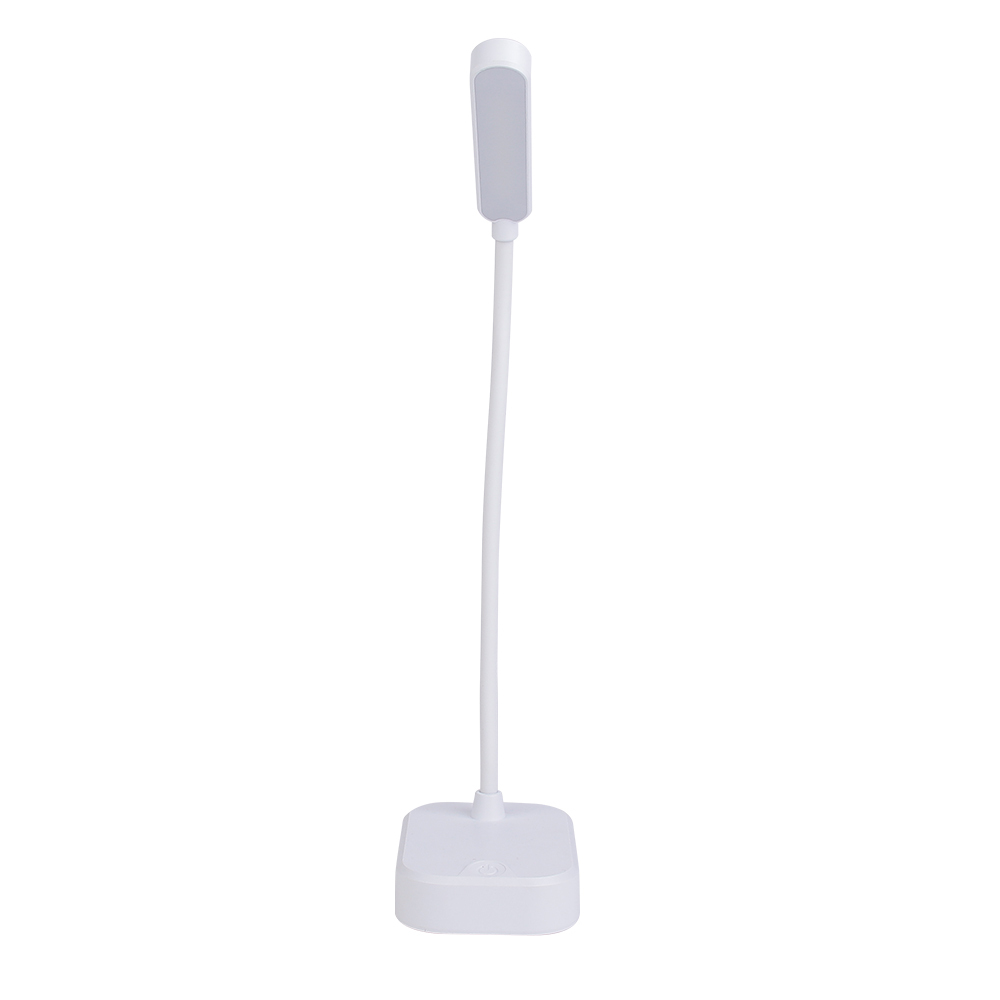 Rear studio view of a minimalist white portable reading light showing the slim linear lamp head on a white background