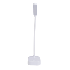 Rear studio view of a minimalist white portable reading light showing the slim linear lamp head on a white background
