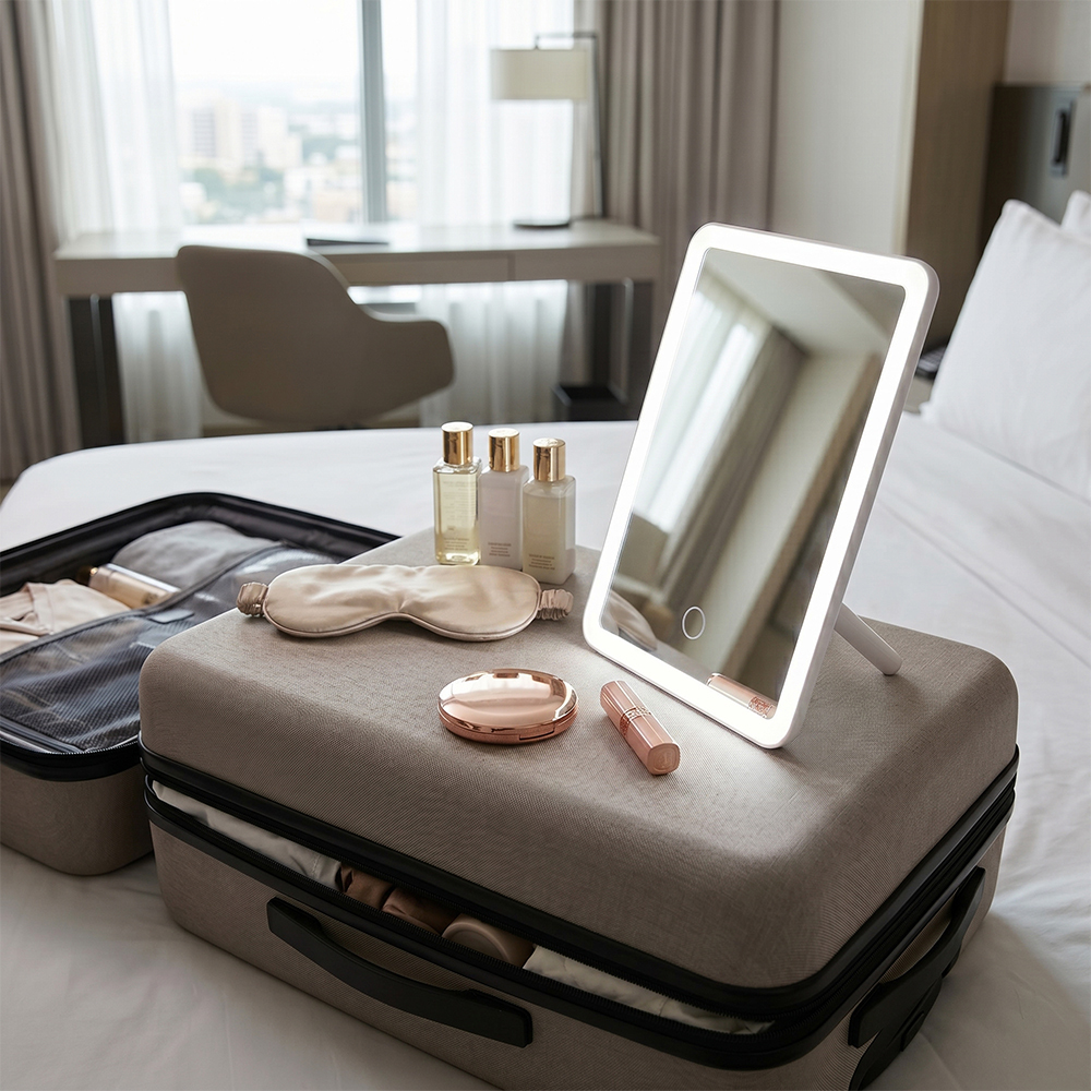 An illuminated portable travel cosmetic mirror placed on top of an open suitcase with toiletries on a hotel bed