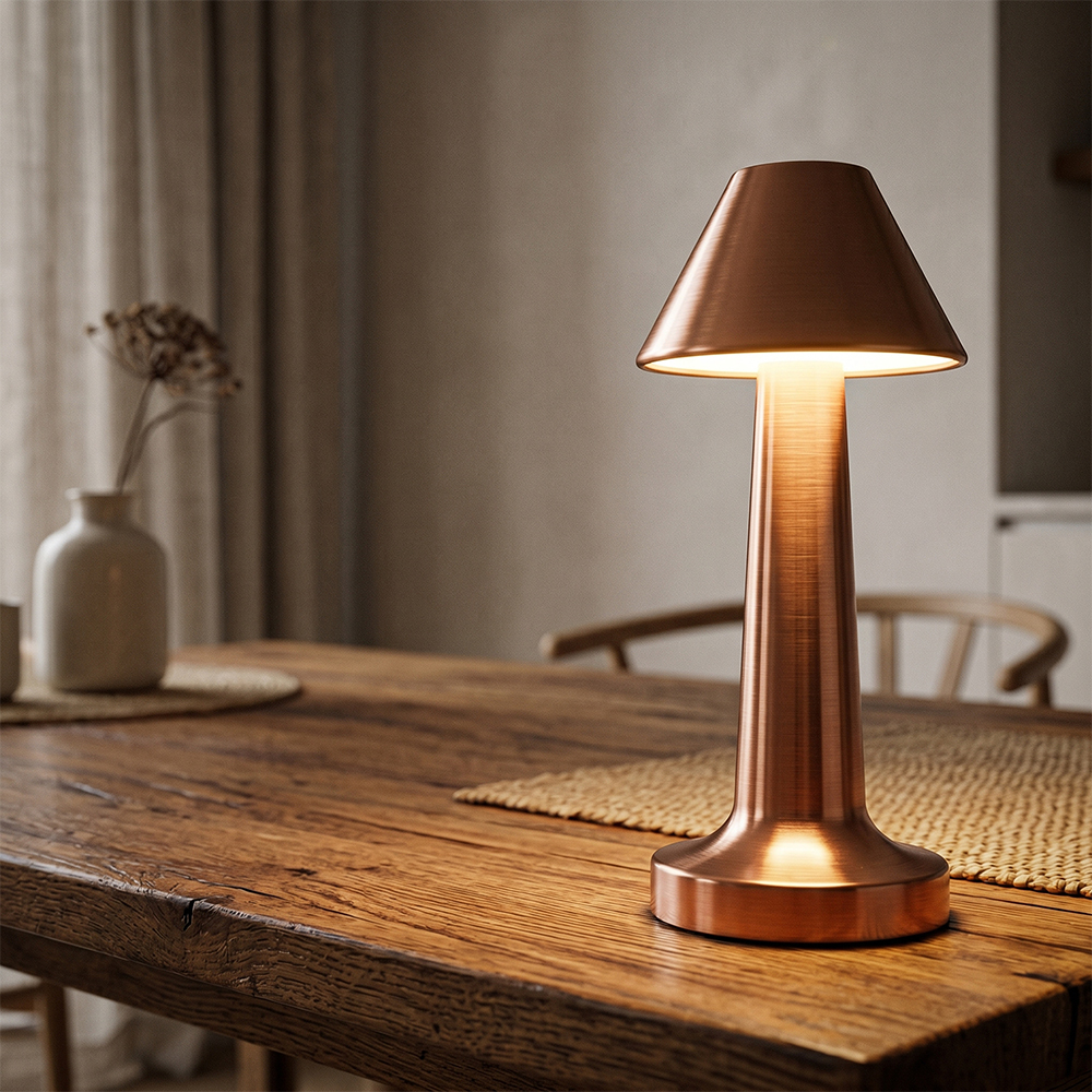 A copper conical rechargeable dining table lamp illuminated on a rustic wooden table in a fine dining restaurant settings