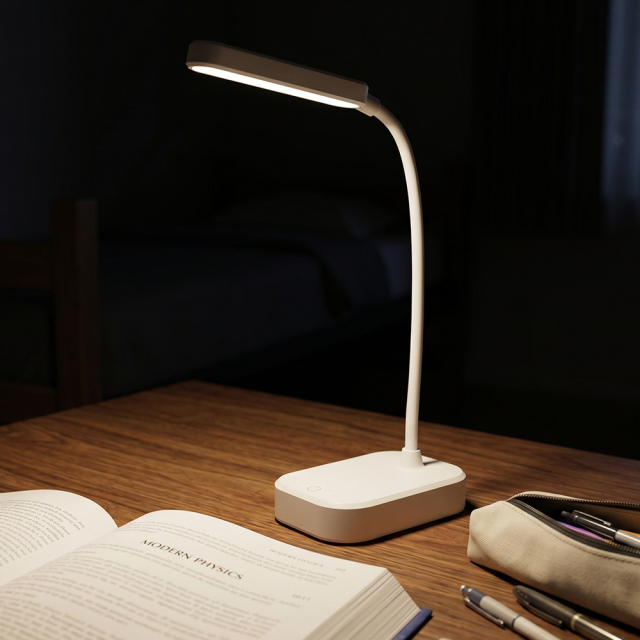 A white rechargeable eye-care desk lamp providing bright white light on an open textbook and pencil case on a dark wooden table