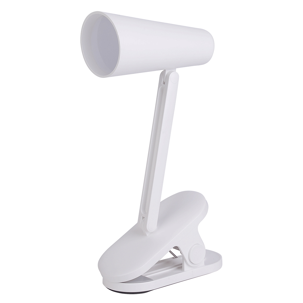 Three-quarter studio shot of a white rechargeable LED clamp light with its adjustable neck angled slightly forward, isolated on a white background