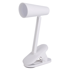 Three-quarter studio shot of a white rechargeable LED clamp light with its adjustable neck angled slightly forward, isolated on a white background