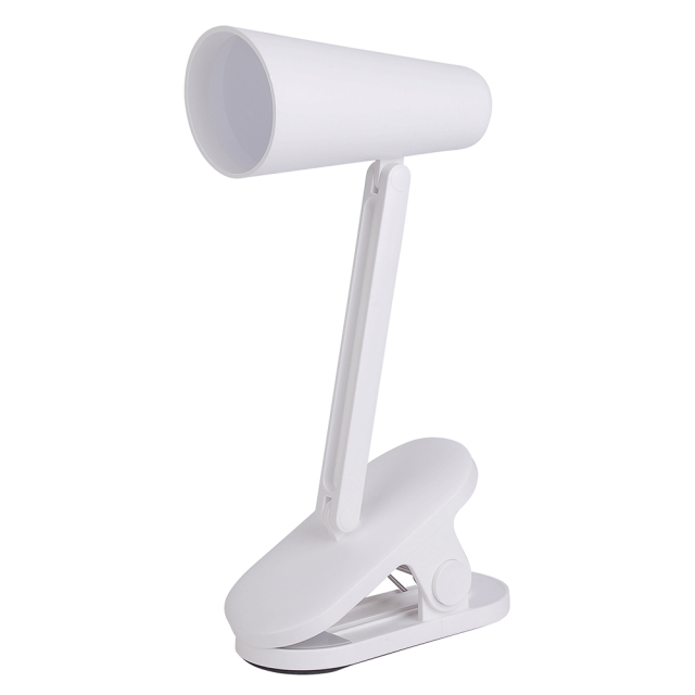 Three-quarter studio shot of a white rechargeable LED clamp light with its adjustable neck angled slightly forward, isolated on a white background