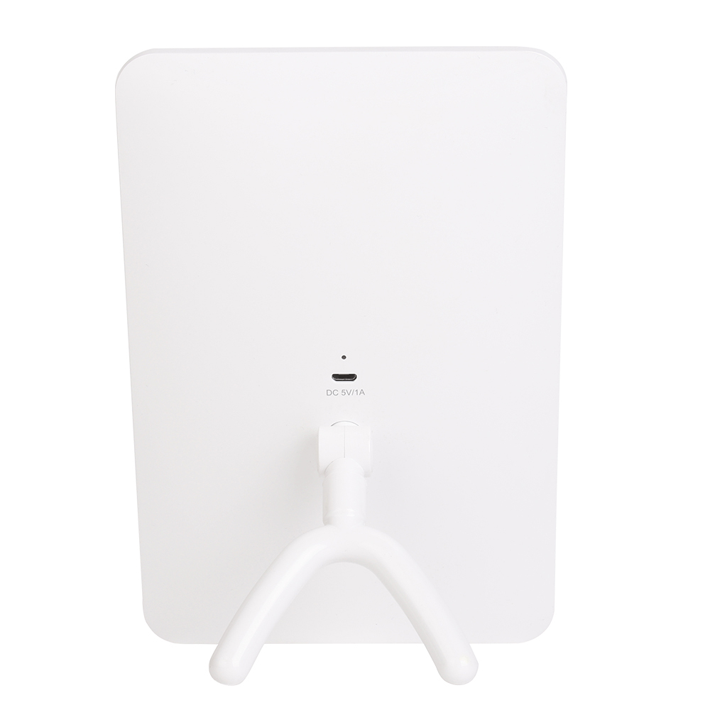 Full rear view of the white rechargeable mirror lamp highlighting the clean back panel and the base hinge of the arc stand
