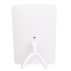 Full rear view of the white rechargeable mirror lamp highlighting the clean back panel and the base hinge of the arc stand