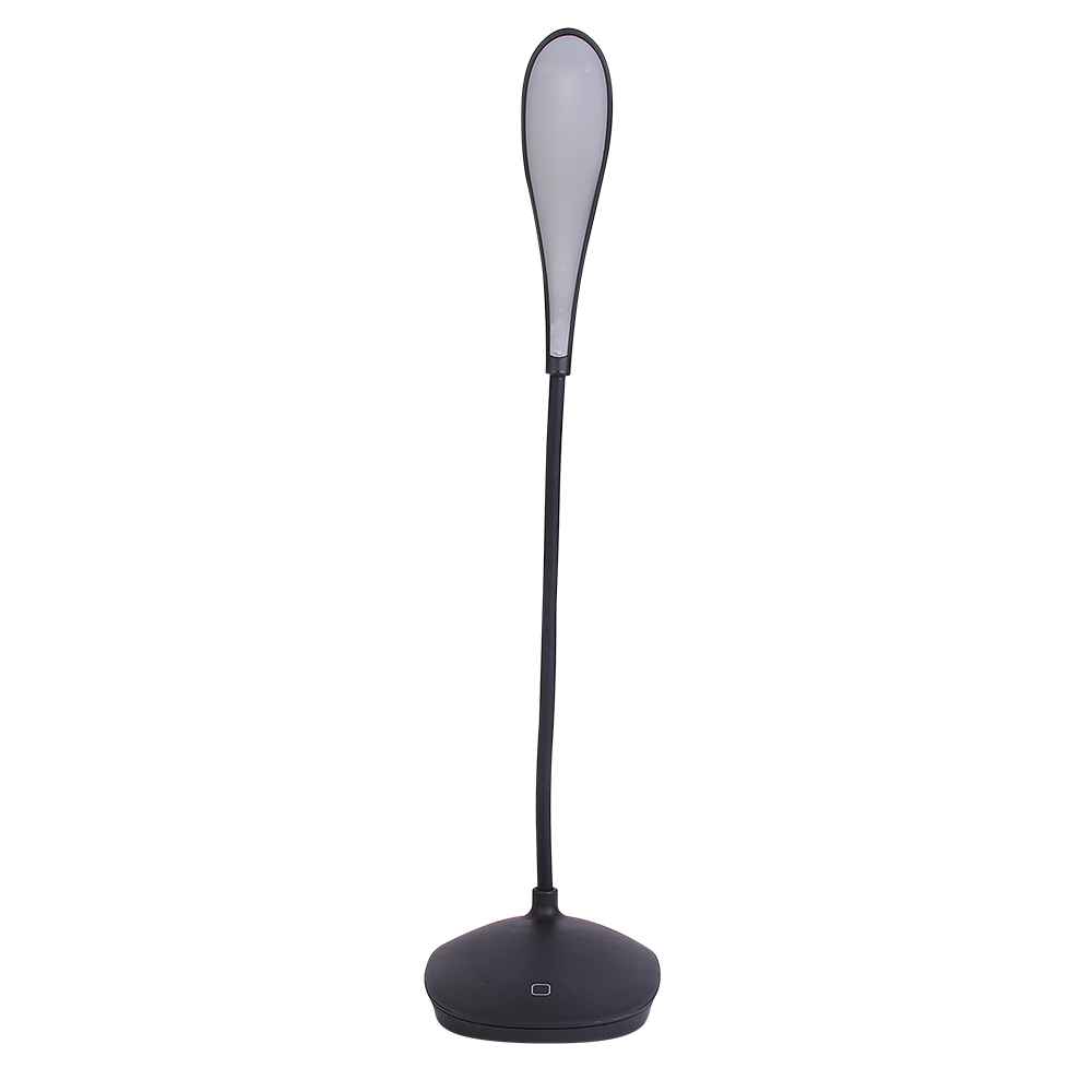 Rear studio view of a minimalist black portable study lamp with a slender flexible stem on a white background