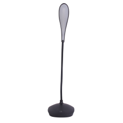Rear studio view of a minimalist black portable study lamp with a slender flexible stem on a white background