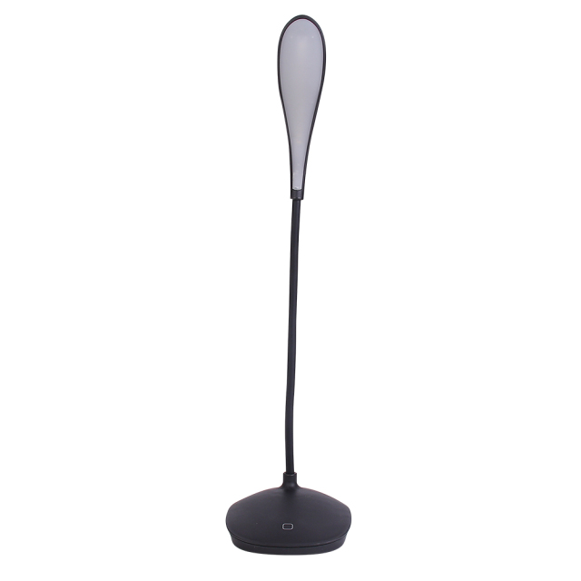 Rear studio view of a minimalist black portable study lamp with a slender flexible stem on a white background