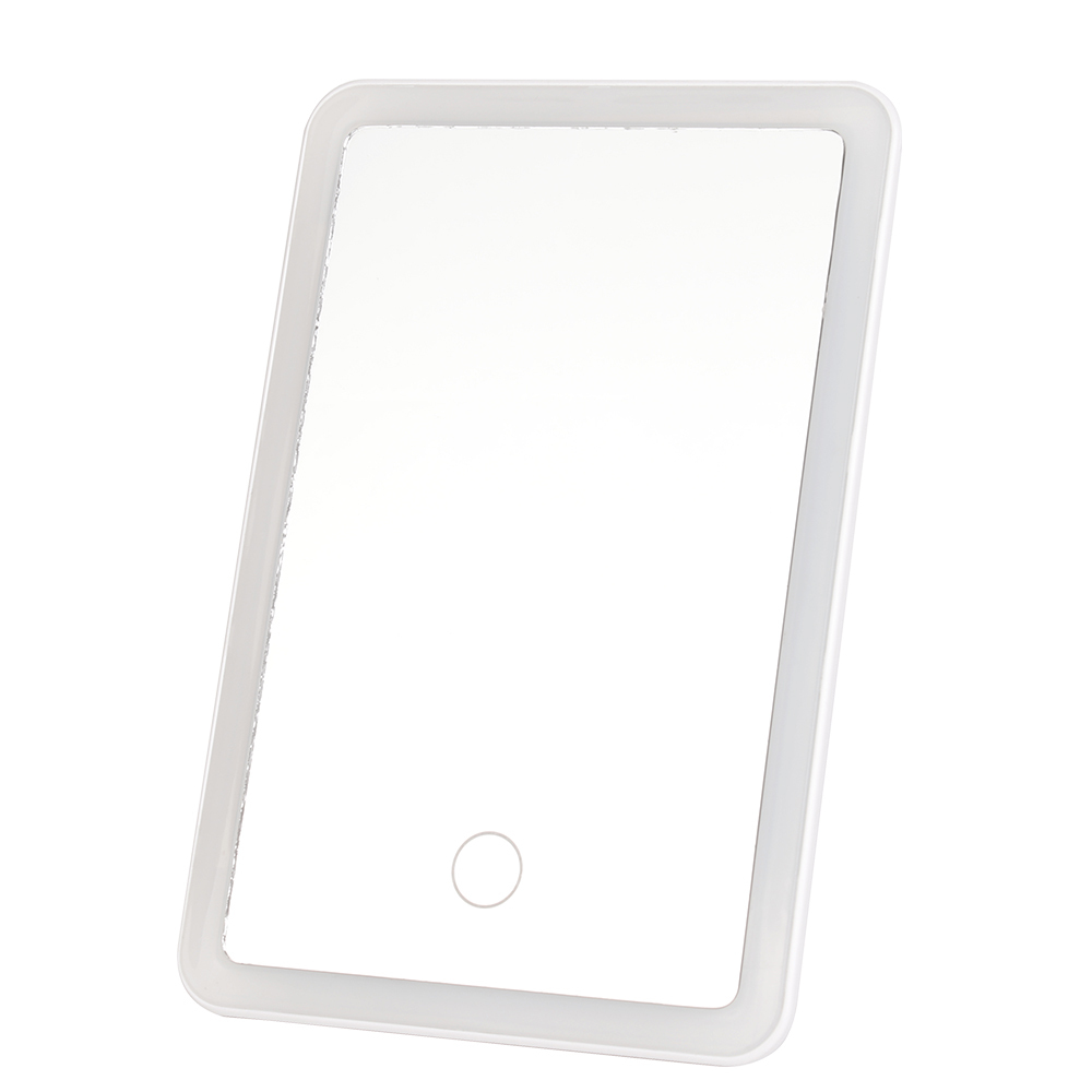 Direct front studio shot of a minimalist square LED vanity mirror with a glowing light border and a circular touch button
