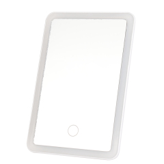 Direct front studio shot of a minimalist square LED vanity mirror with a glowing light border and a circular touch button