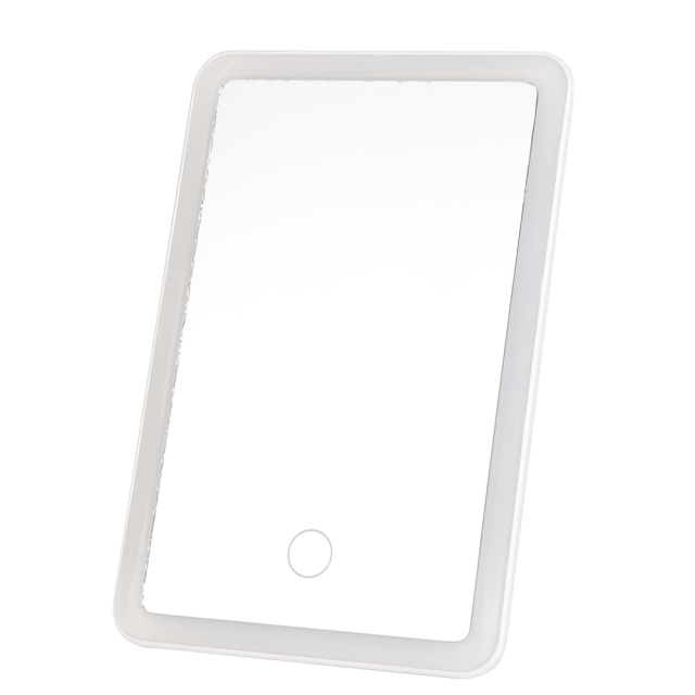 Direct front studio shot of a minimalist square LED vanity mirror with a glowing light border and a circular touch button