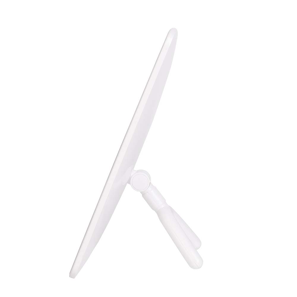 Side profile view of the thin tabletop makeup mirror showcasing the adjustable circular arc support stand angle