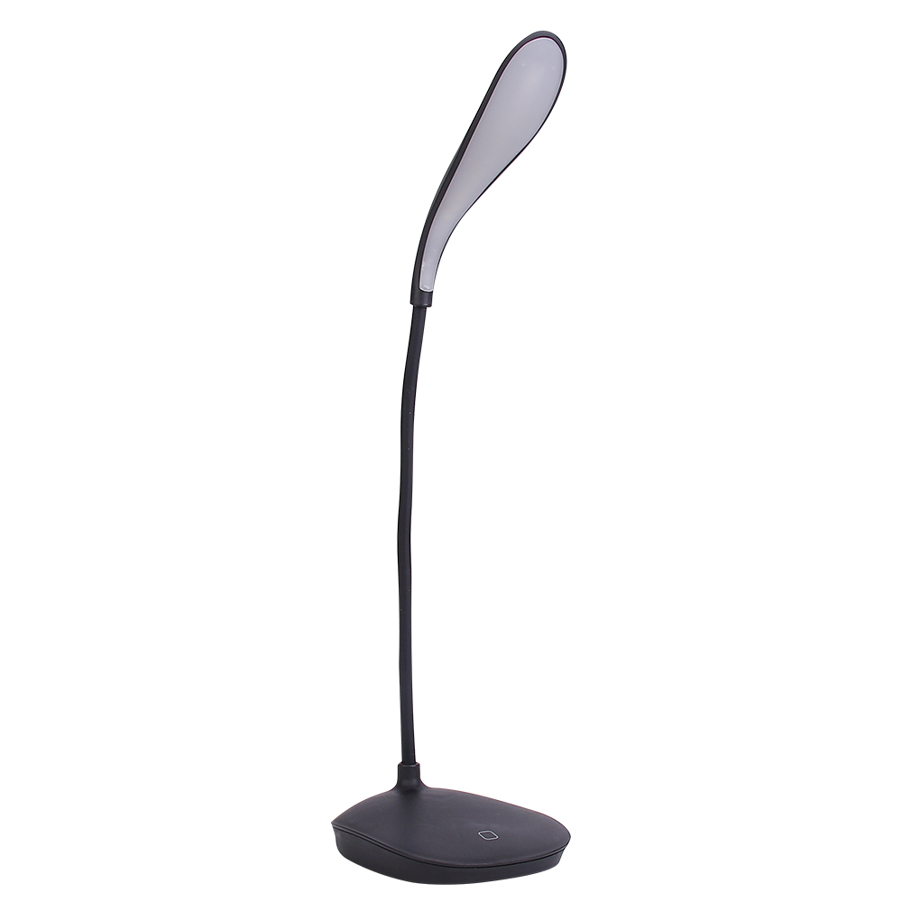 Rear three-quarter studio photograph of a modern black eye-care table lamp with a touch switch base on a white background